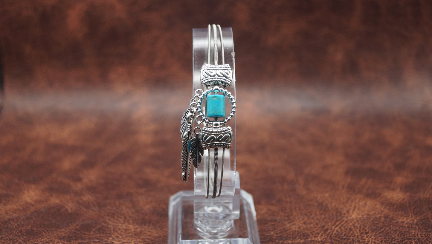 Turquoise and Silver Bracelet with Feather Charm