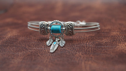 Turquoise and Silver Bracelet with Feather Charm
