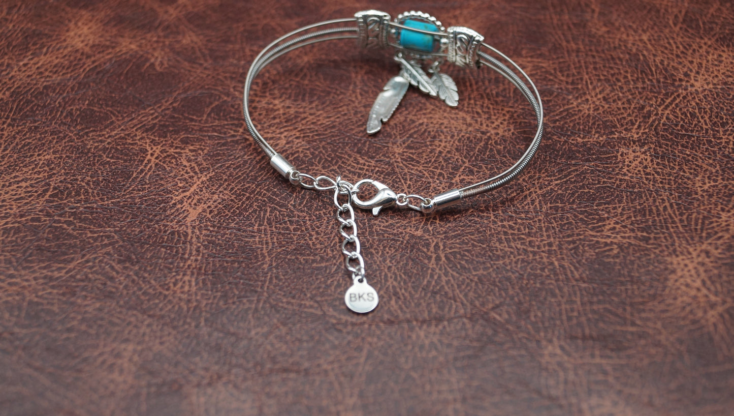 Turquoise and Silver Bracelet with Feather Charm