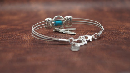 Turquoise and Silver Bracelet with Feather Charm